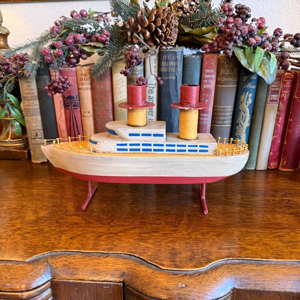 Unique Hand carved Wooden Ship Candle Holder 12.5" Long - Picture 5 of 17